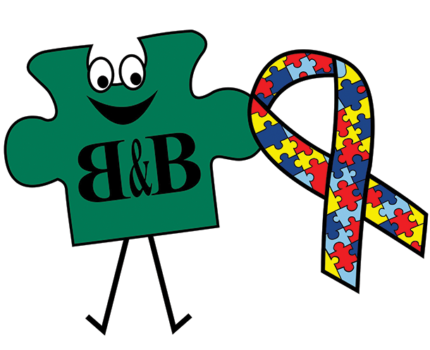 A smiling green cartoon puzzle piece with 'B&B' on its chest holds a colorful ribbon made of puzzle pieces, a symbol of autism awareness, possibly representing B&B Exterminating's community involvement