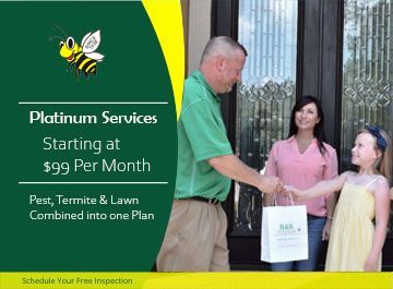Man handing a package to a family in front of a house. Advertising pest control services, starting at $99 per month.