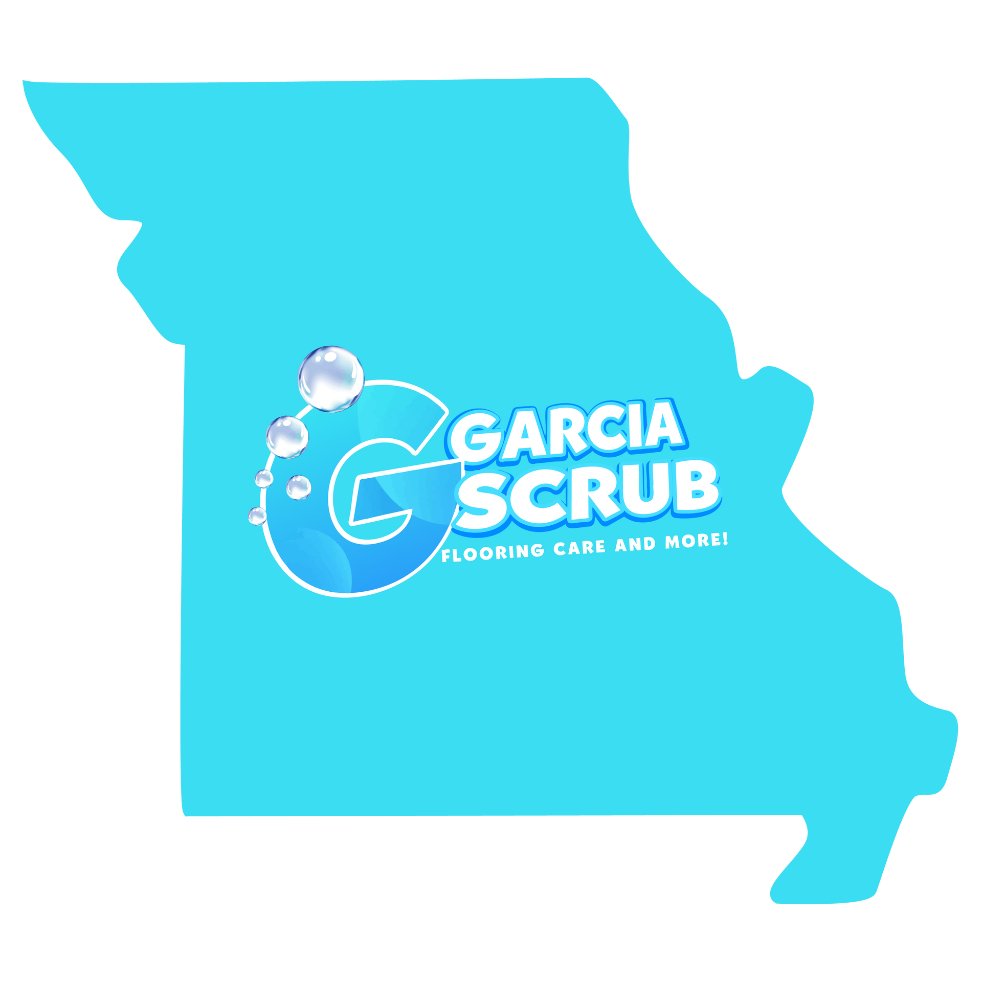 A blue map of missouri with the garcia scrub logo on it