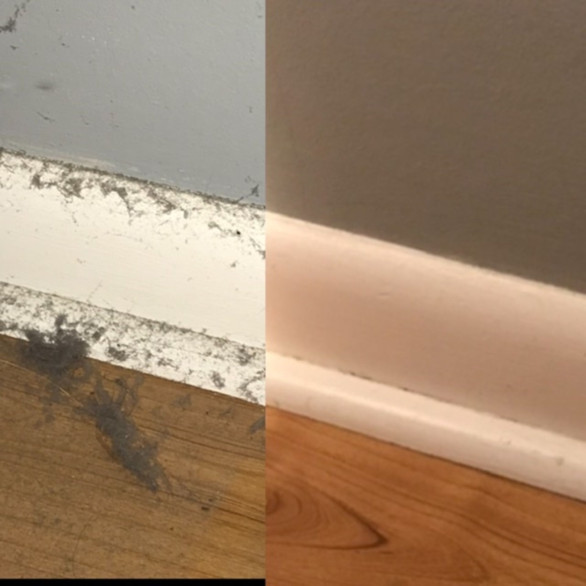 A before and after picture of a wooden floor and a white baseboard.