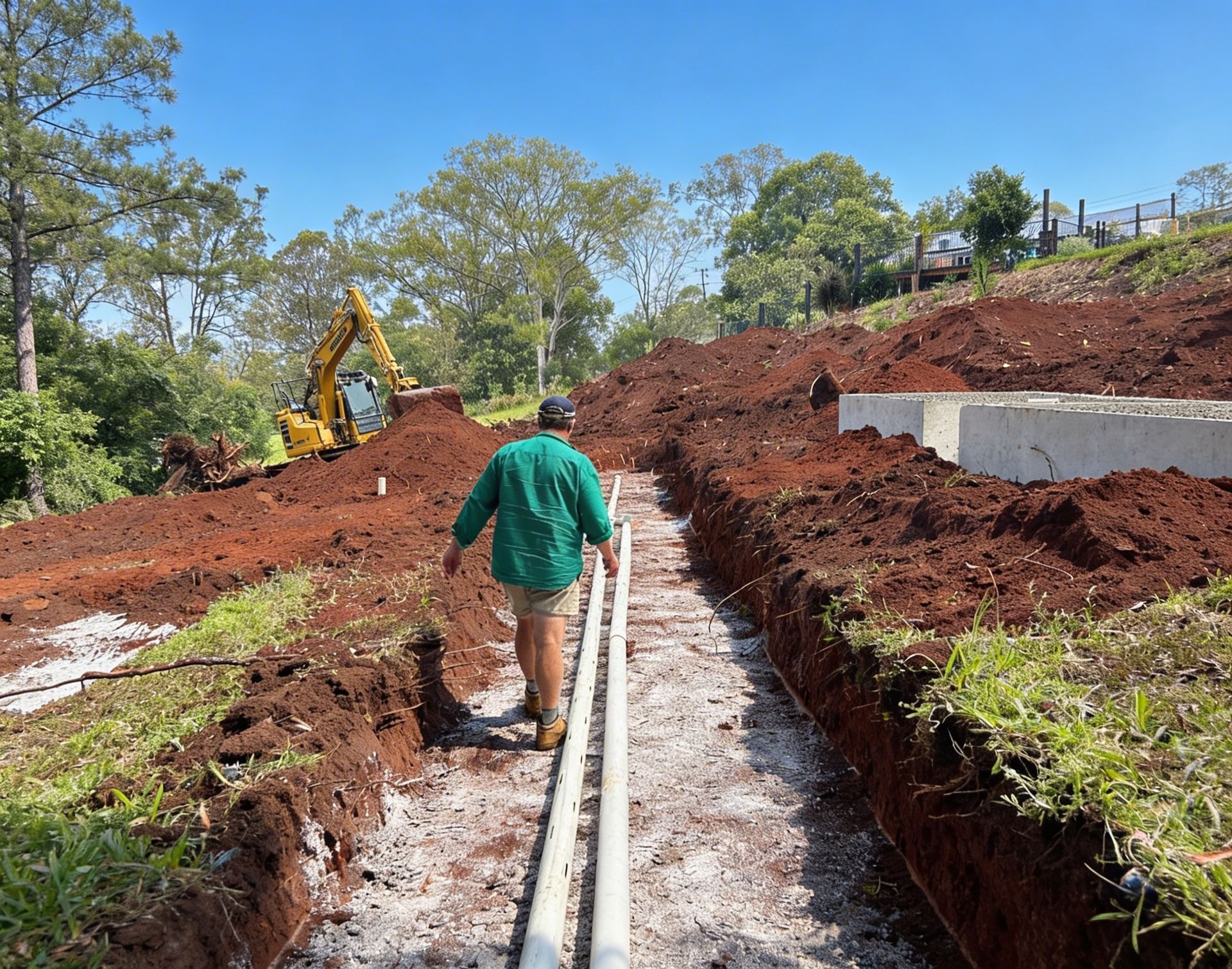 A worker walks along two pipes in a dirt trench on a construction site with a yellow excavator in the background.