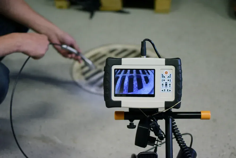 A person uses a handheld pipe inspection camera to look into a floor drain, with the live feed displayed on a monitor.