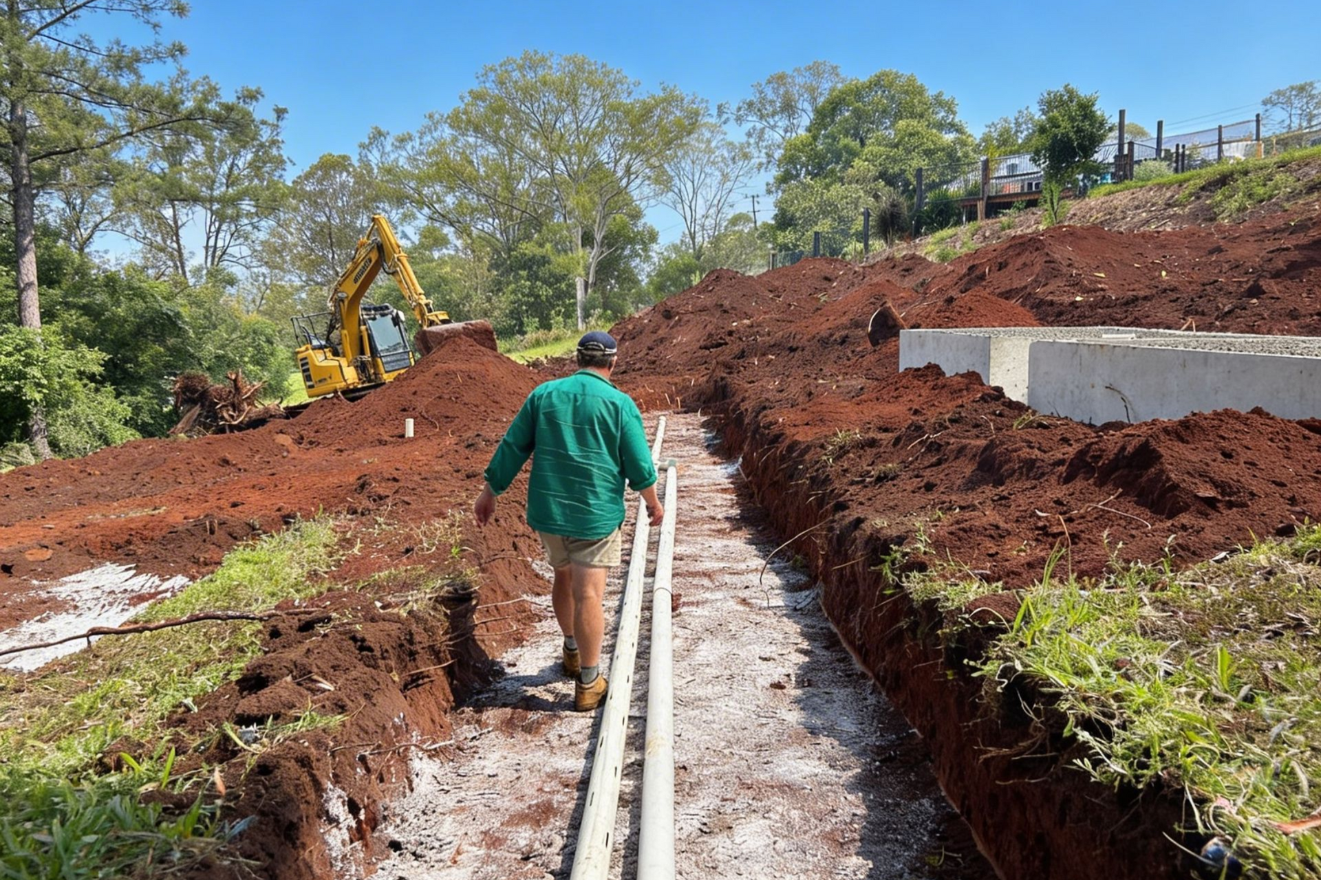 A person in a green shirt walks along two pipes laid in a trench at a construction site with a yellow excavator nearby.