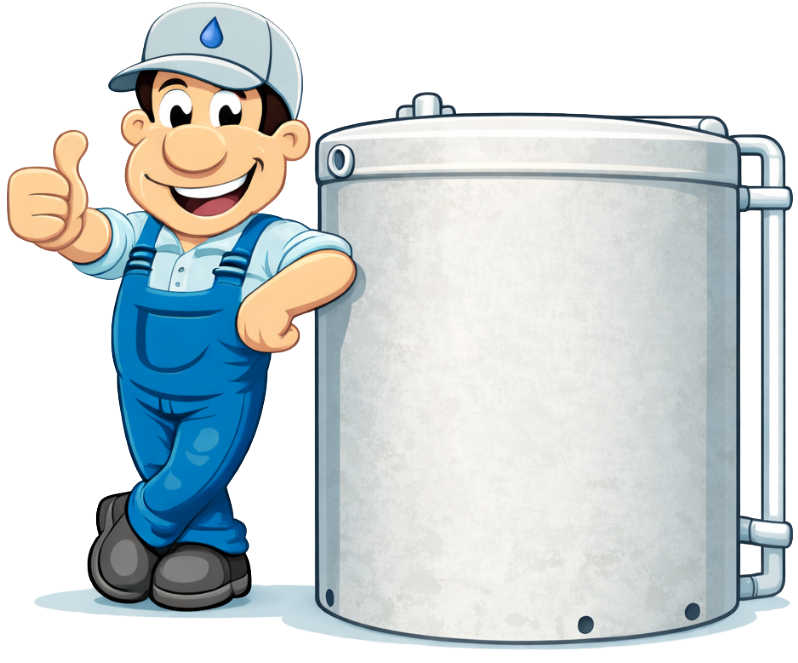 A cartoon worker in a light blue shirt, blue overalls, and a cap gives a thumbs up while leaning against a large water tank.