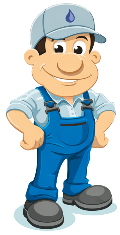 A cartoon plumber wearing blue overalls and a grey cap with a water droplet icon, standing with hands on hips.