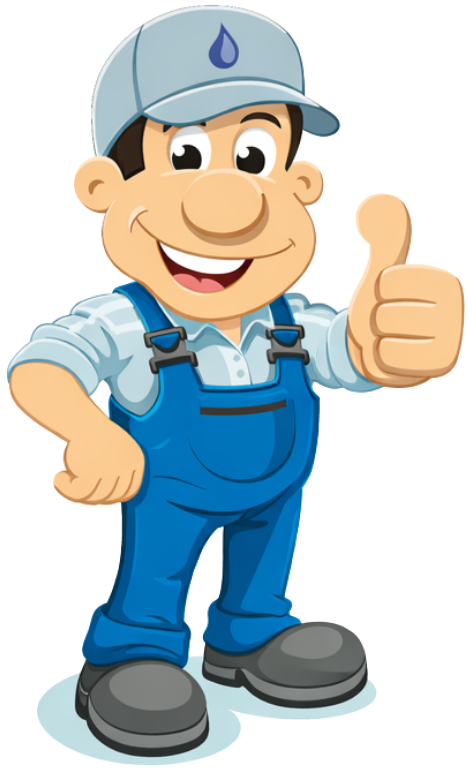 A cartoon plumber in a blue uniform and cap giving a thumbs up gesture, smiling against a white background.