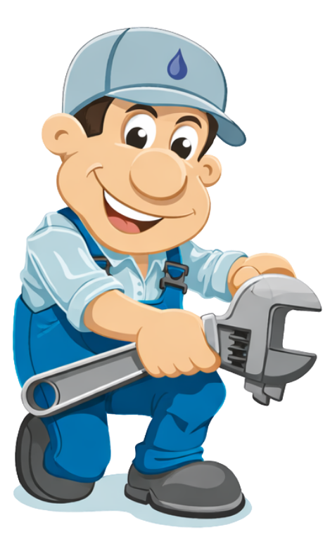 A cheerful worker in blue overalls and a cap holding a large adjustable wrench.