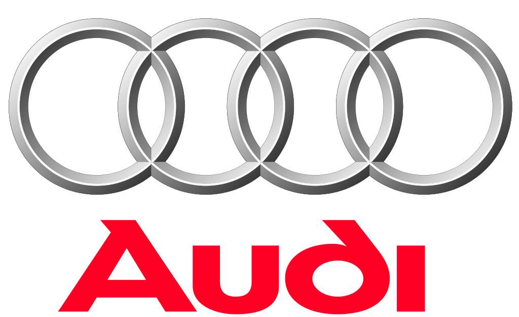 Audi logo: Four interlocking silver rings above the red word "Audi".