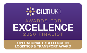 CILT(UK) Awards for Excellence 2026 finalist badge in purple and gold for Operations Excellence in Logistics & Transport