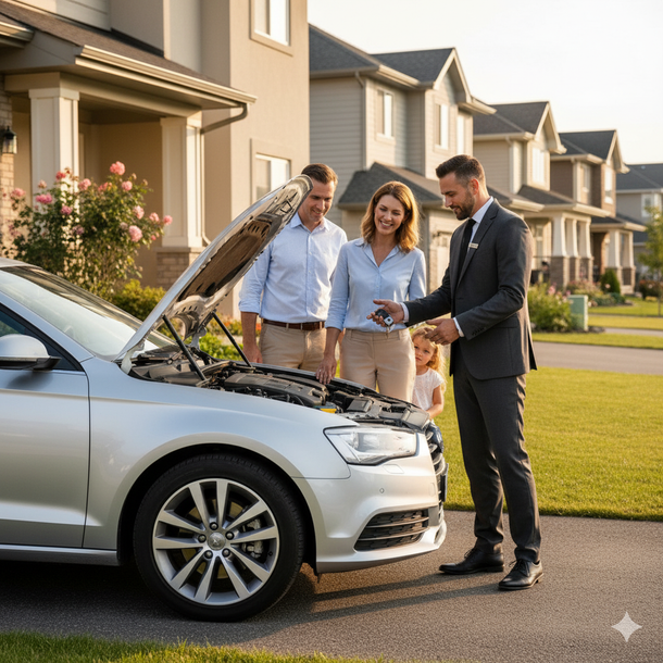 A man showing a car engine to a couple and a child in front of houses.