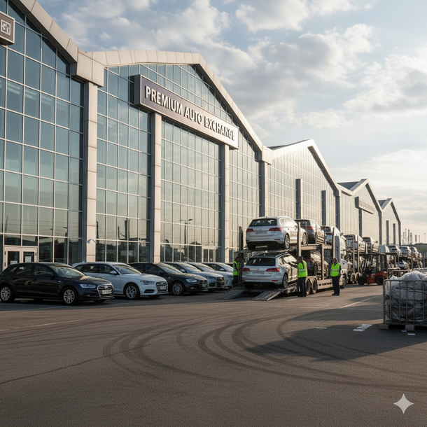 Cars parked and being loaded outside a large industrial building, with people and transport trucks.
