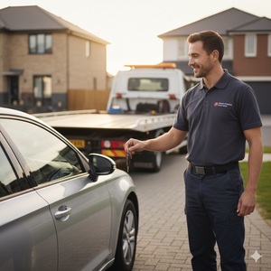 Man handing car keys to a tow truck driver in a residential neighborhood.