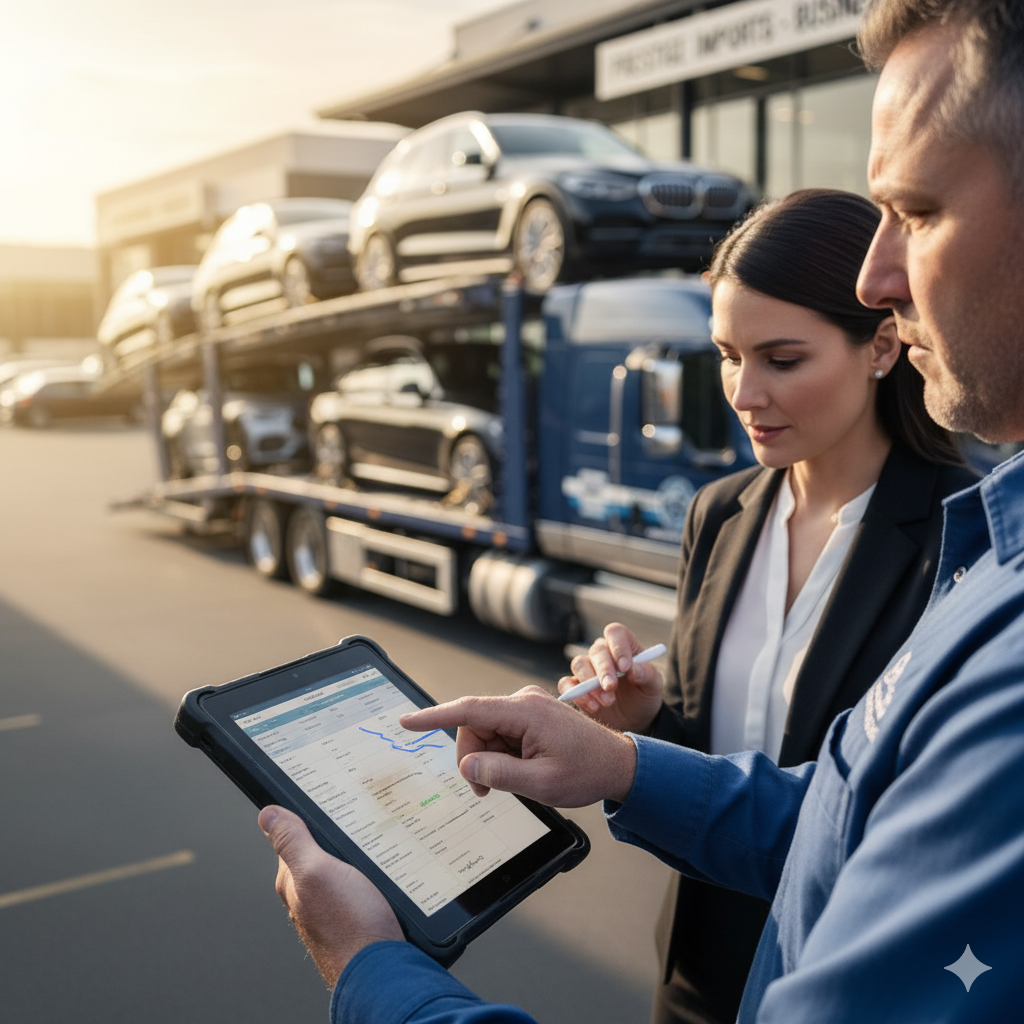 Two people reviewing tablet near car carrier truck at a business.