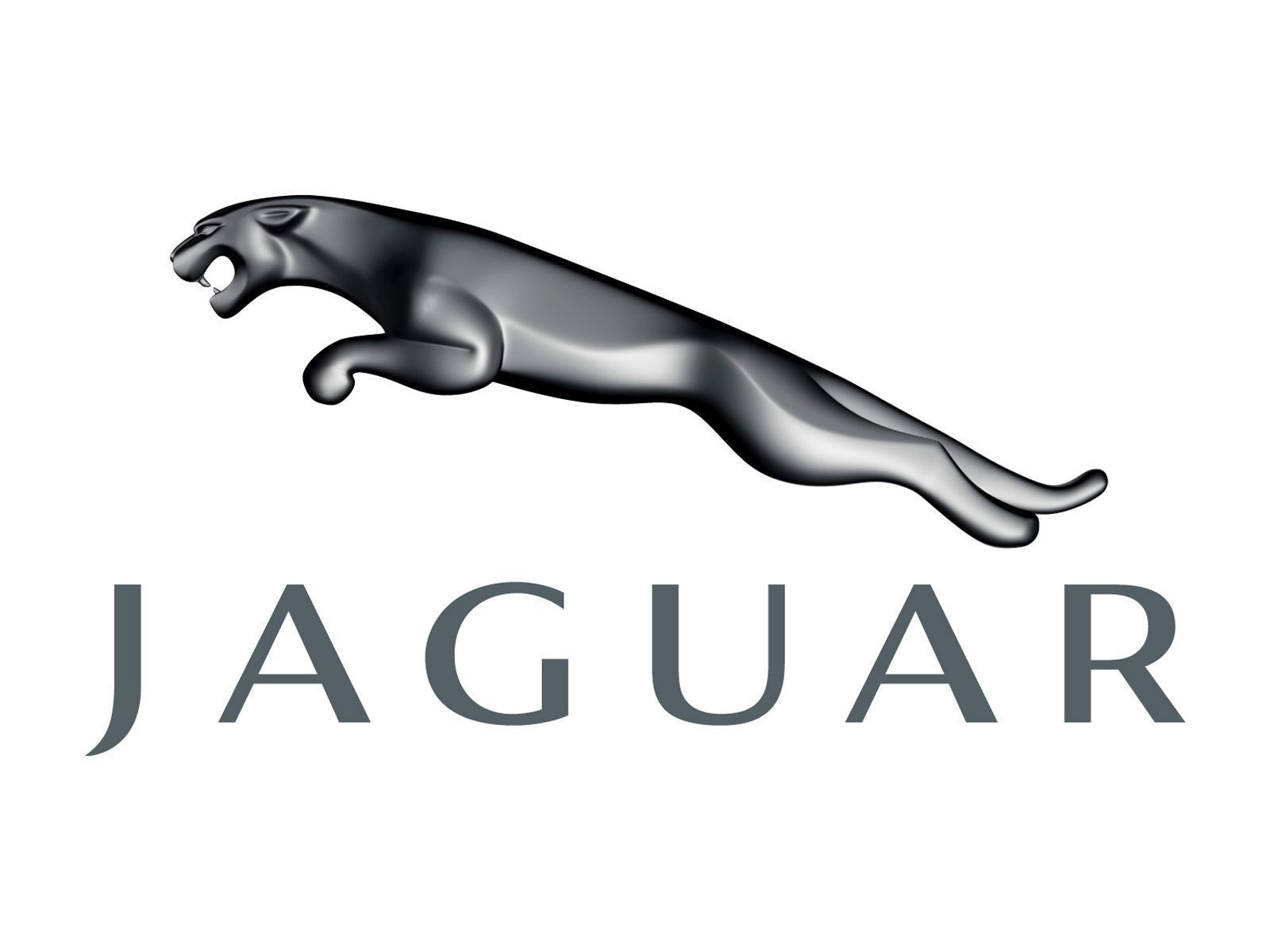 Jaguar logo: Silver leaping jaguar above the brand name in gray.