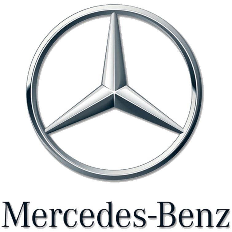 Mercedes-Benz logo: silver three-pointed star inside a silver circle, with "Mercedes-Benz" text below.