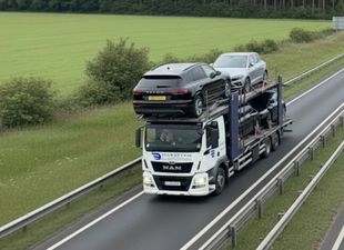 Car transporter truck carrying multiple SUVs on a highway, with green fields in the background.