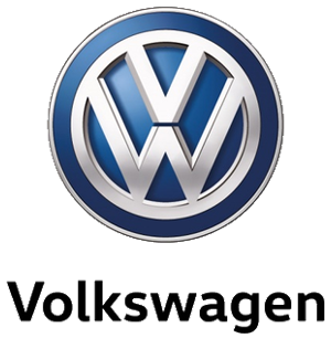 Volkswagen logo: Blue circle with white "VW" emblem, company name below in black.