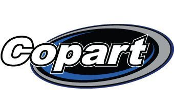 Copart logo with white text on a black and blue oval background.