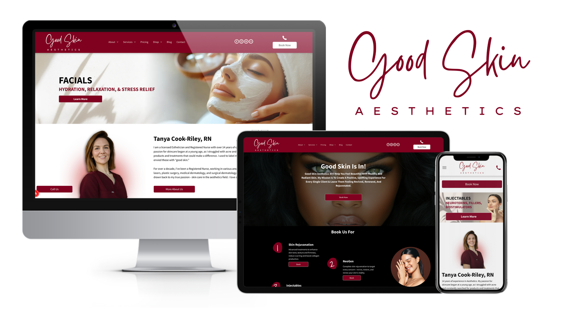 The Good Skin website built by LA Media Group, shown on a desktop, a tablet and a phone