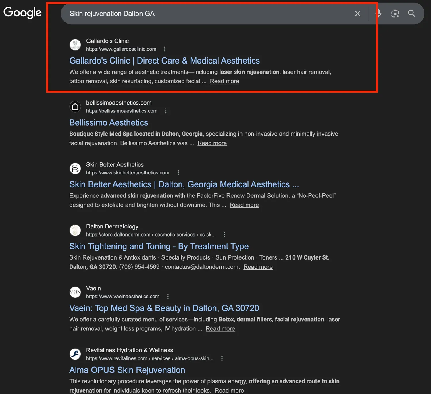 Skin rejuvenation search showing Gallardo's Clinic as the number one organic result