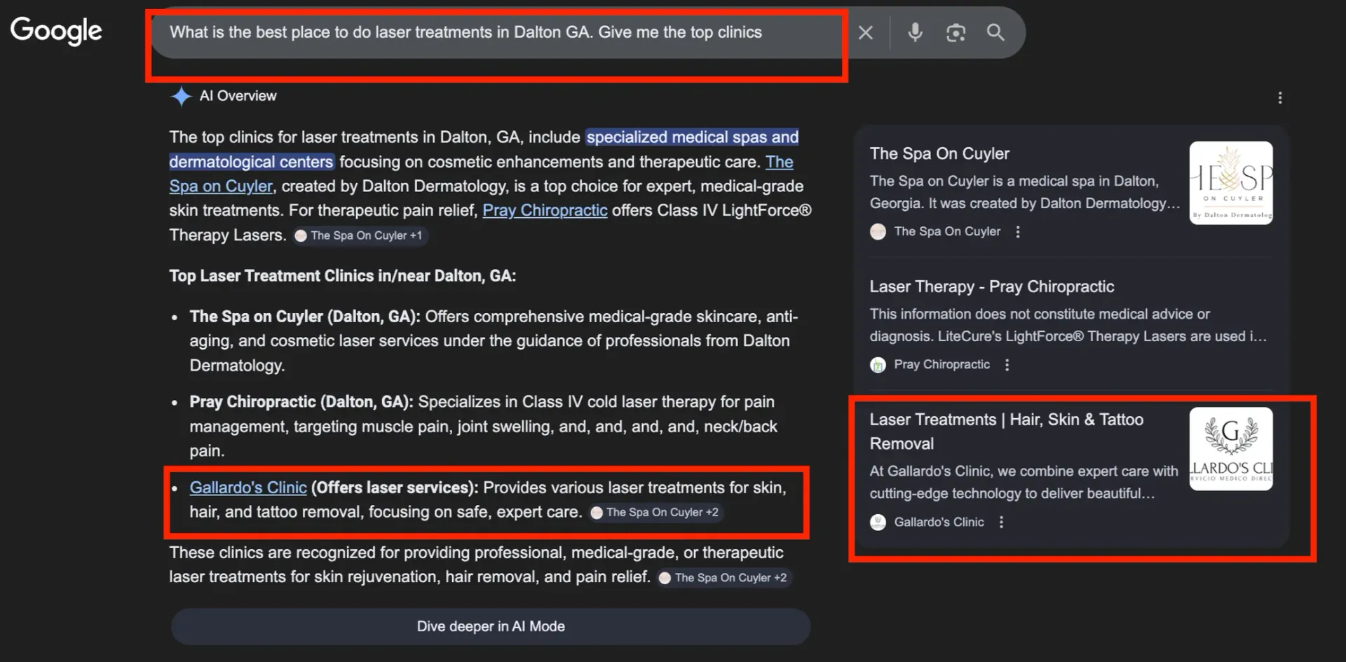 Google AI summary recommending Gallardo's Clinic