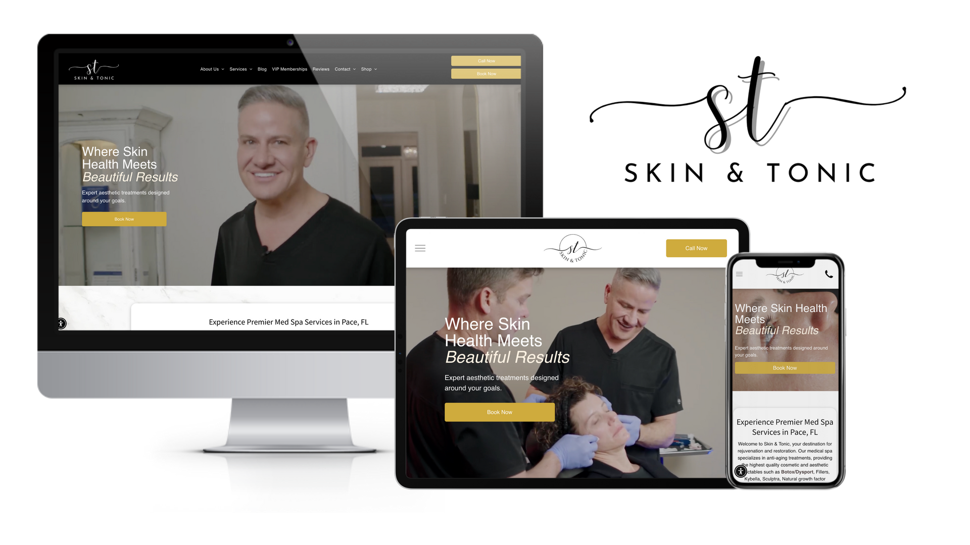 The Skin and Tonic website built by LA Media Group, shown on a desktop, a tablet and a phone