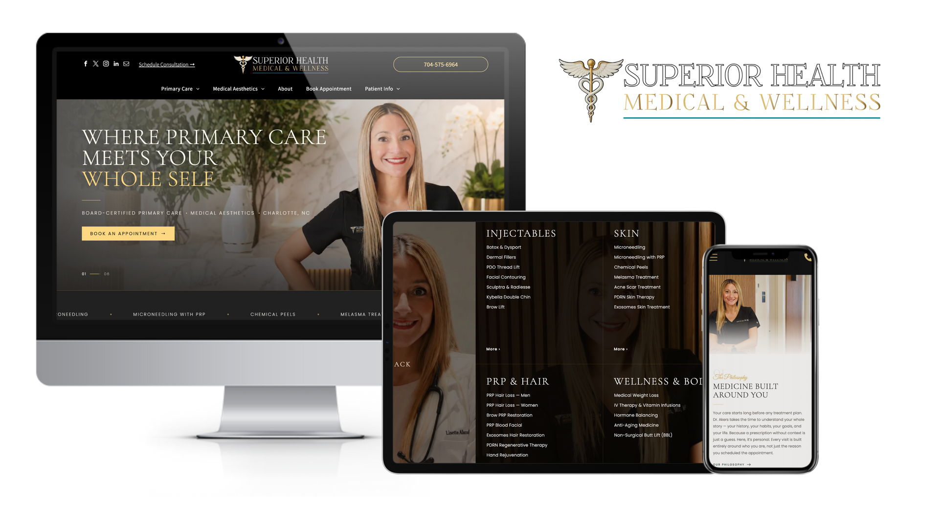 The Superior Health Medical and Wellness website built by LA Media Group, shown on a desktop, a tablet and a phone