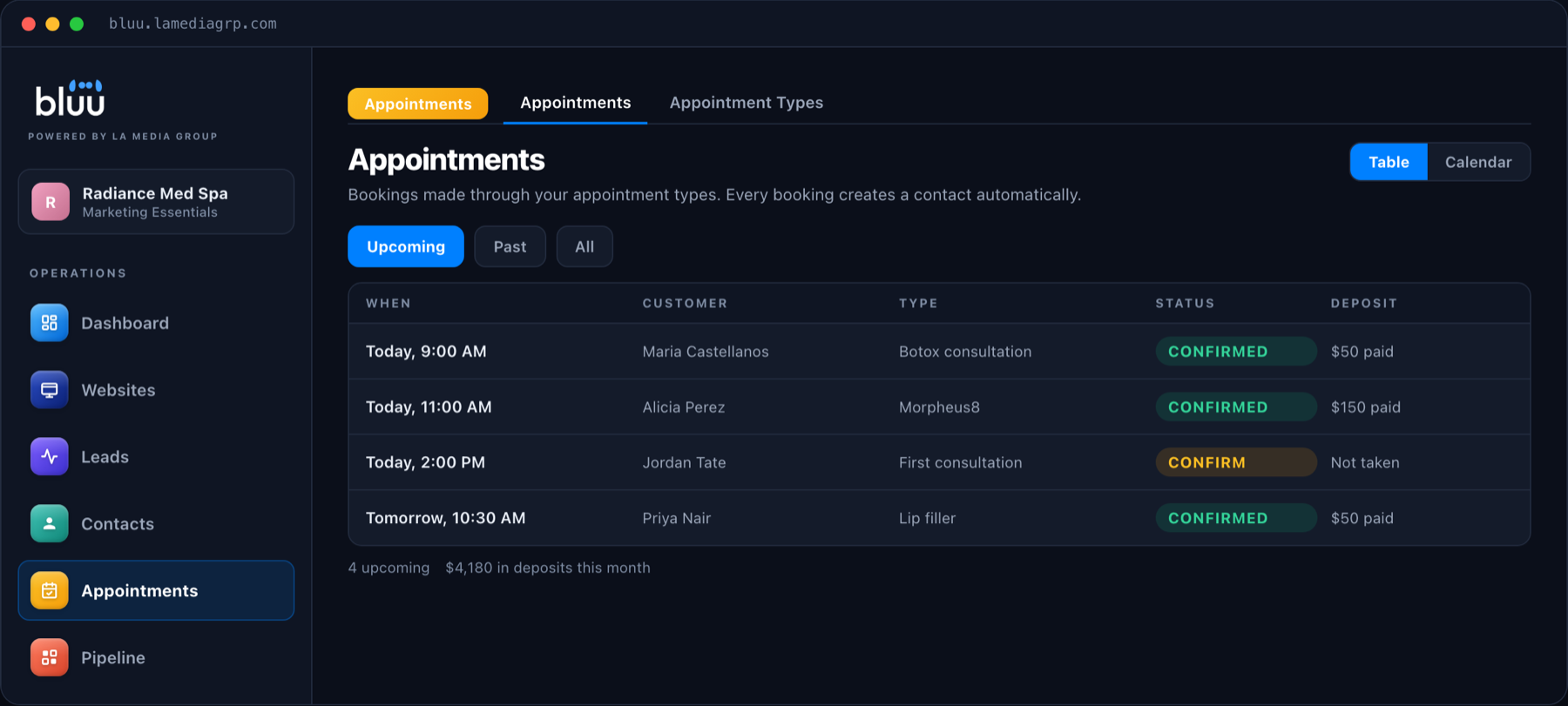 The Appointments app in Bluu showing upcoming bookings with the customer, appointment type and status