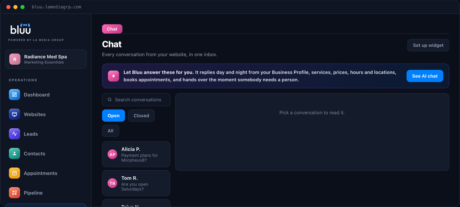 The Chat app in Bluu showing website conversations, with the AI answering visitors and a button to take over