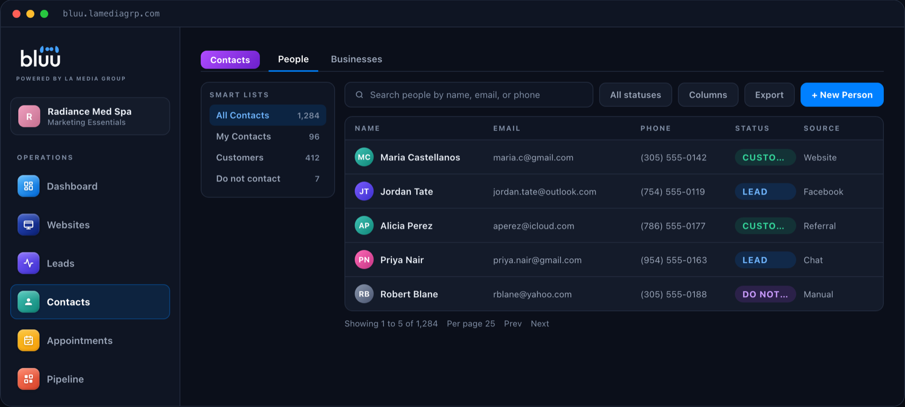The Contacts app in Bluu showing a list of people with their status, phone number and source