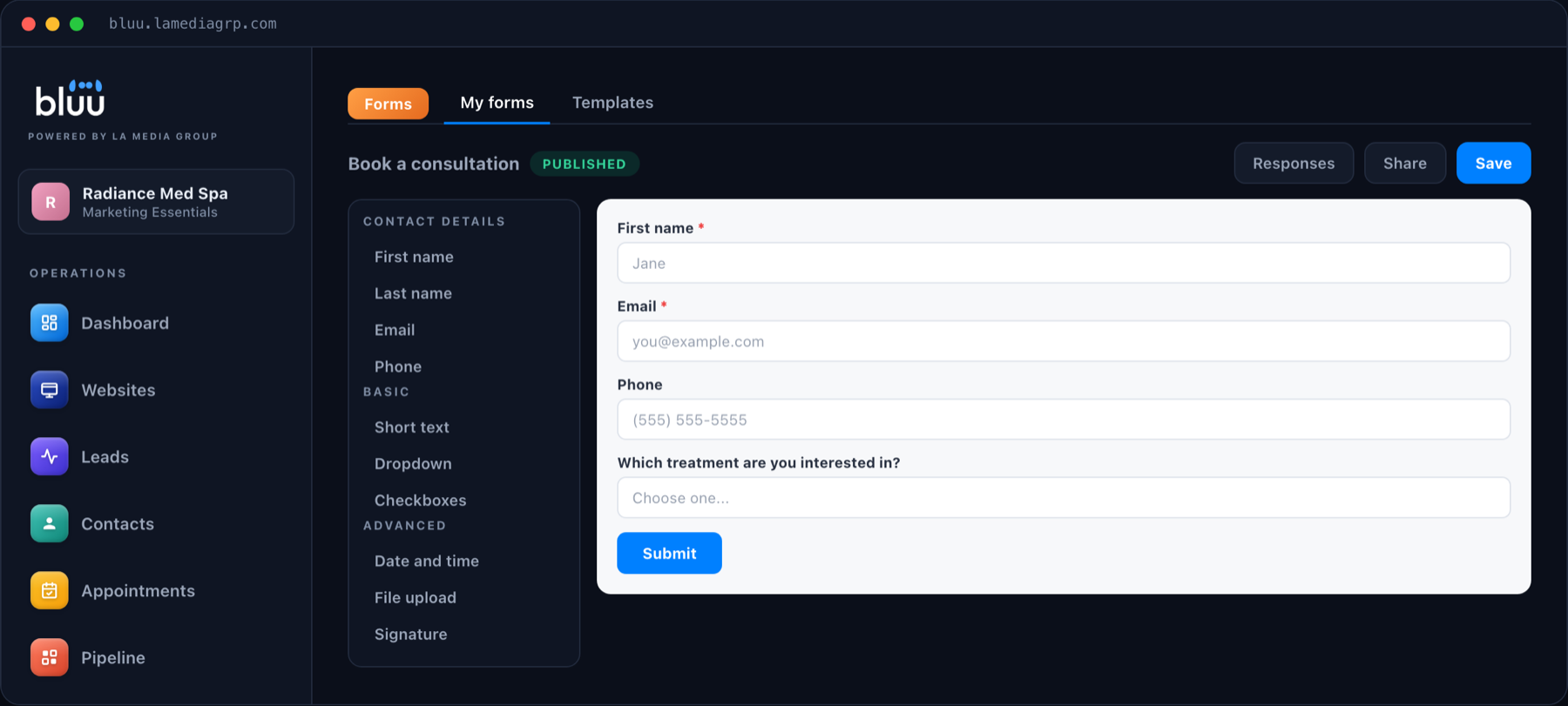 The Forms app in Bluu showing a consultation form being built with name, email and phone fields