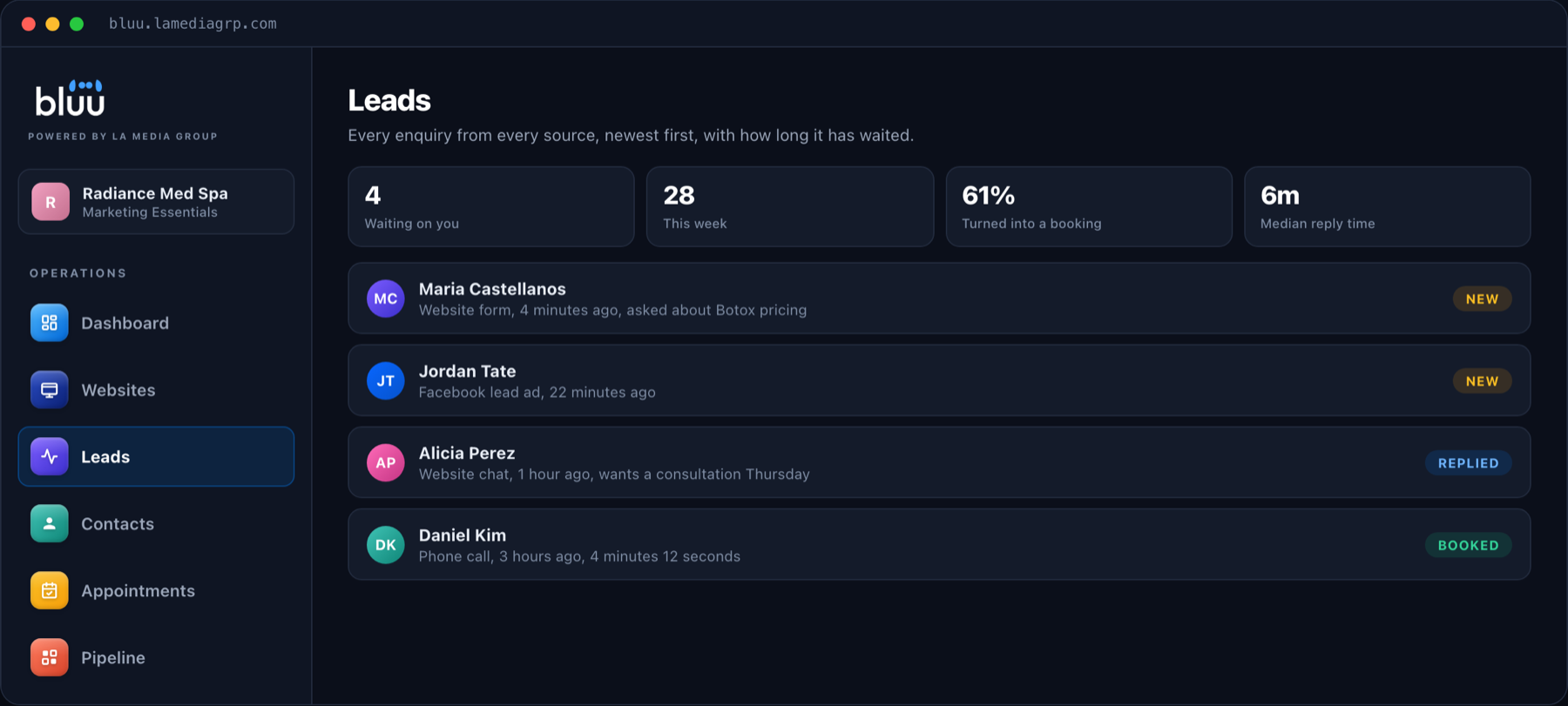 The Leads app in Bluu showing every enquiry from every source with how long each one has been waiting