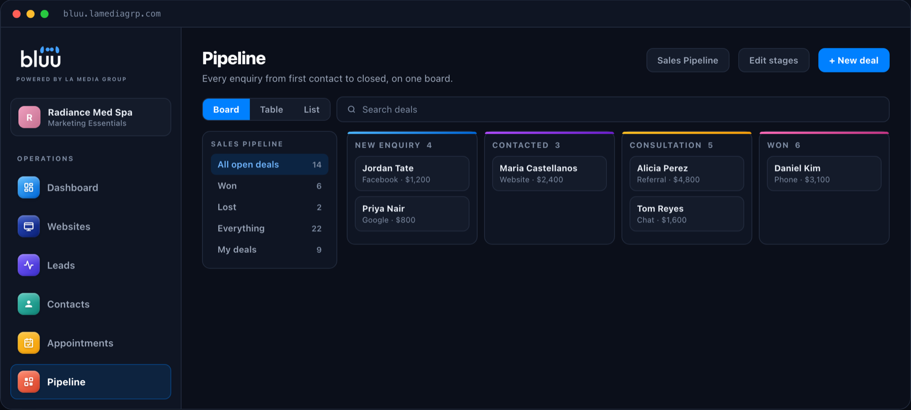 The Pipeline app in Bluu showing deals in columns from new enquiry through consultation to won