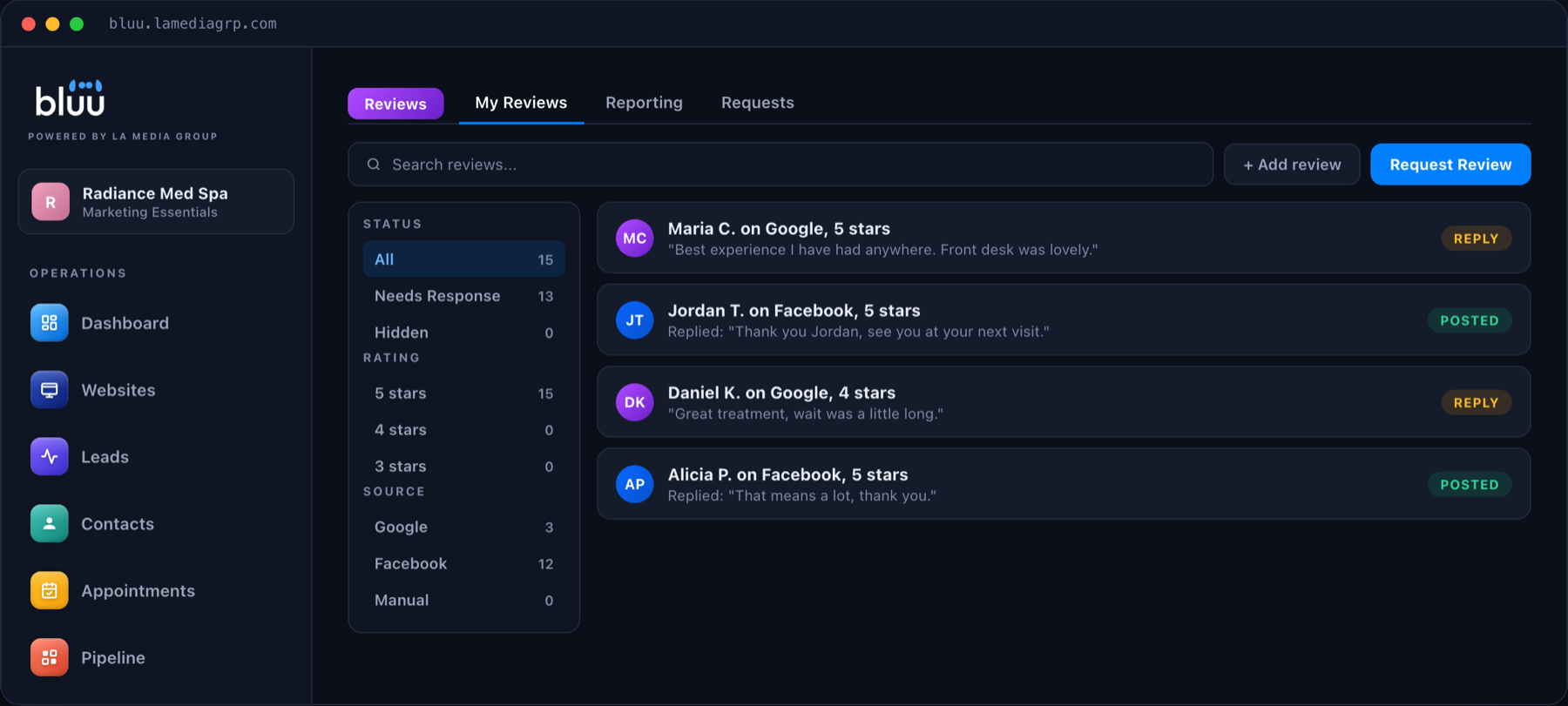 The Reviews app in Bluu showing Google and Facebook reviews in one list with replies posted and pending