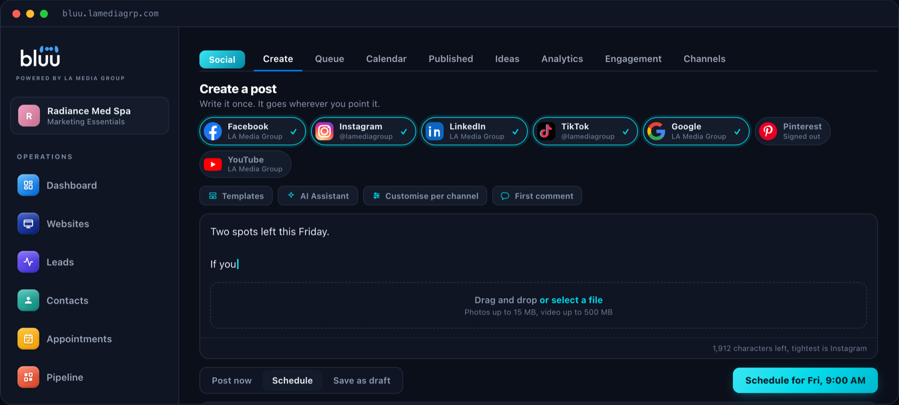 The Social app in Bluu showing the post composer with Facebook, Instagram, LinkedIn, TikTok, Google Business, Pinterest and YouTube channels selected