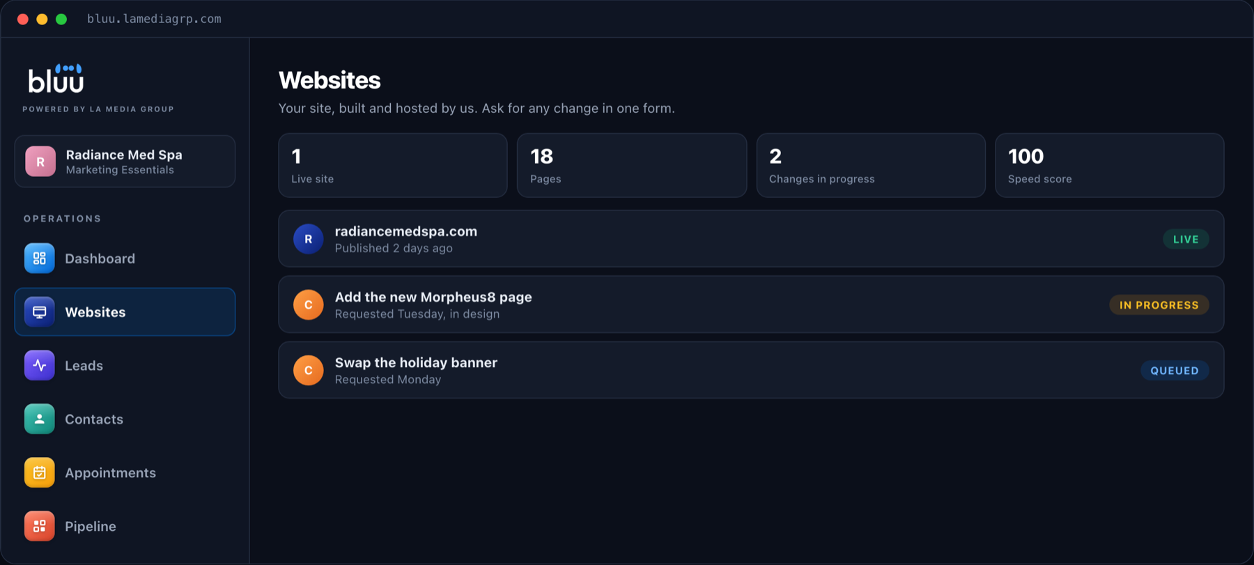 The Websites app in Bluu, showing a live site, its pages and the change requests in progress