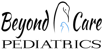A logo for beyond care pediatrics with a bird on it.