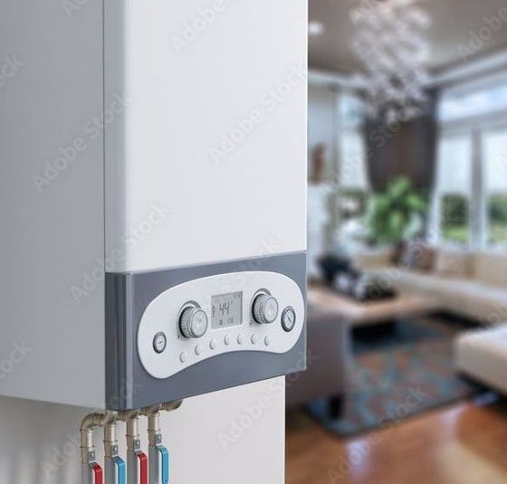 Wall-mounted digital boiler with temperature display and insulated hot/cold water pipes in modern home