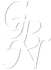 Monogramma bianco decorato con le lettere “GPR” su sfondo semplice
