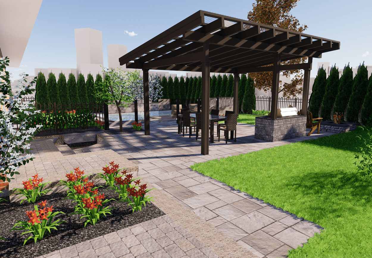 Un rendu 3D d'une cour avec une pergola et un patio.