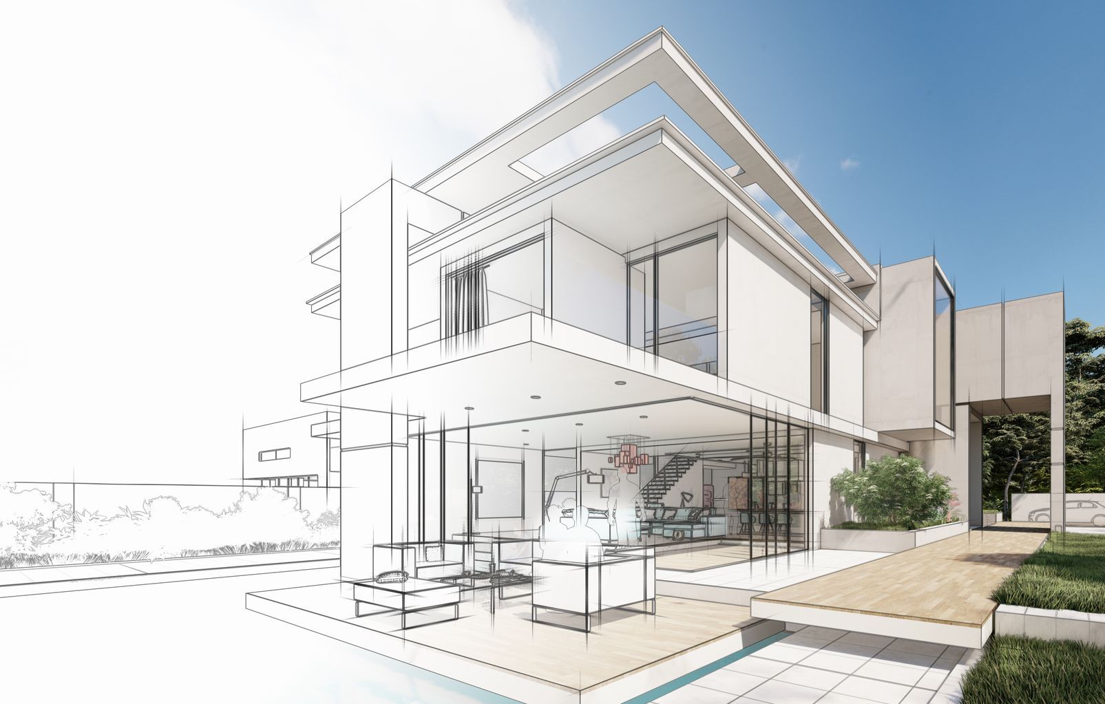 Croquis d'une maison blanche moderne partiellement rendue, avec des murs en verre et un patio extérieur sous un ciel bleu.