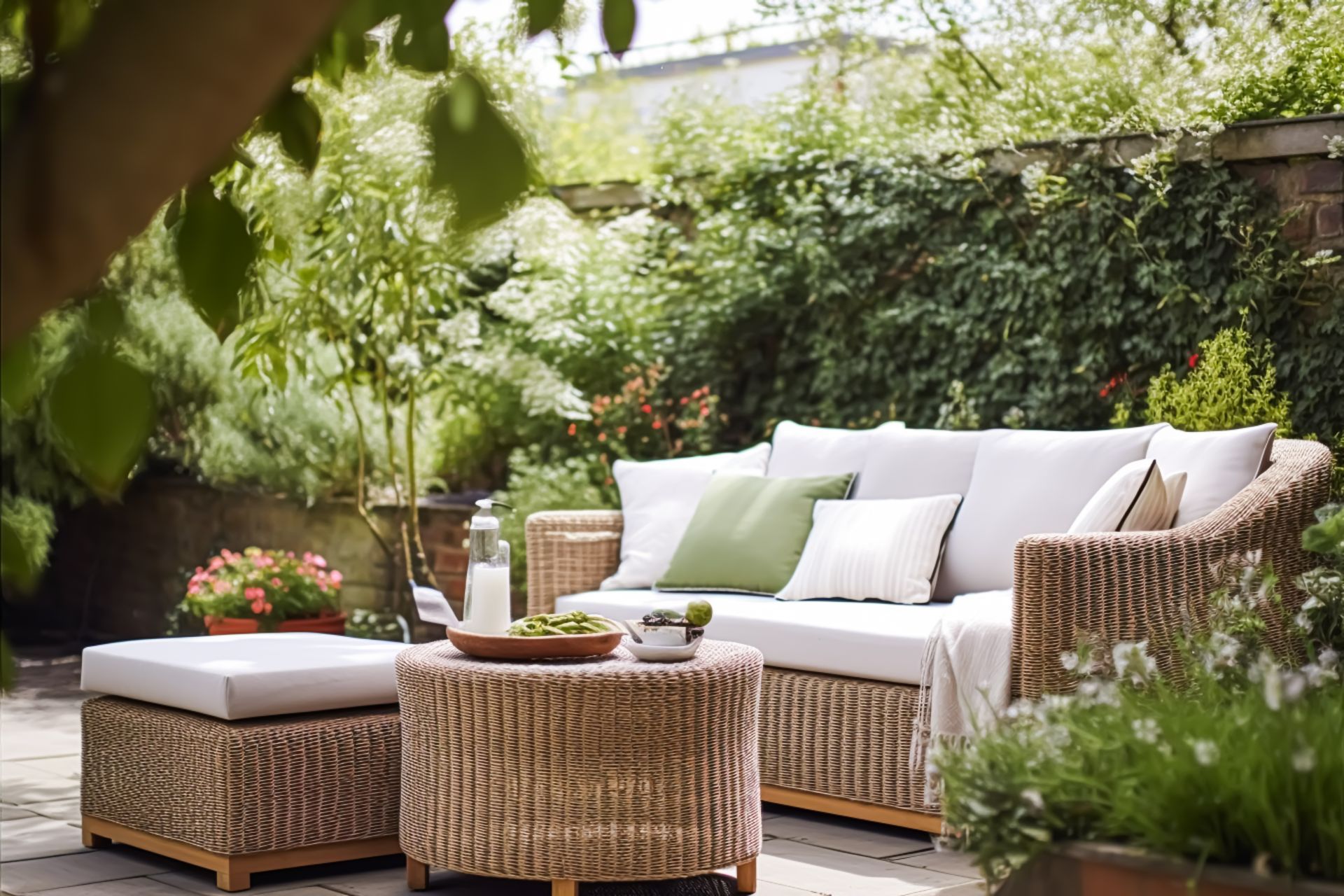 Un ensemble de patio en osier avec un canapé ottoman et une table