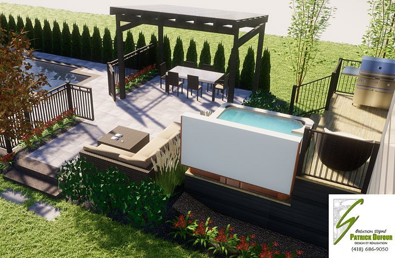 Un rendu 3D d'une cour arrière avec une piscine et une pergola.