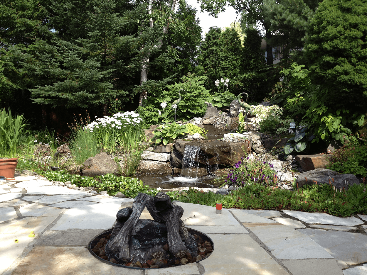 Une cour arrière avec une cascade et un foyer sur un patio en pierre entouré d'une verdure luxuriante.