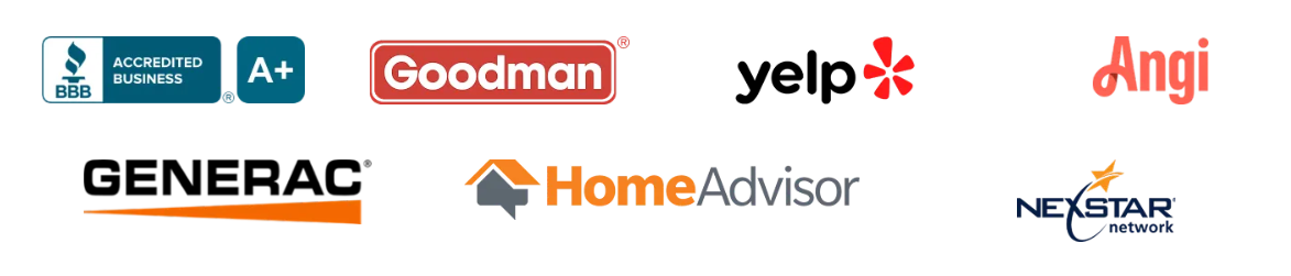 Row of brand logos: American Standard, A+, Goodman, Yelp, Angi, Generac, HomeAdvisor, and Navien.