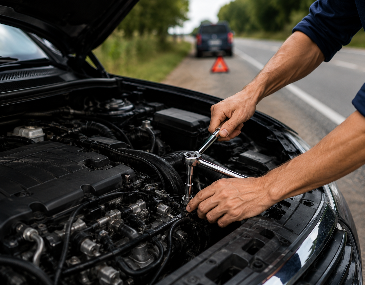 Mechanic using a wrench to repair a car engine on the roadside with a warning triangle behind