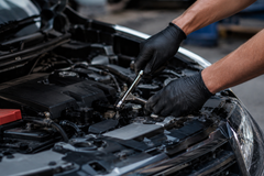 Motor oil being poured into a car engine through an oil fill opening