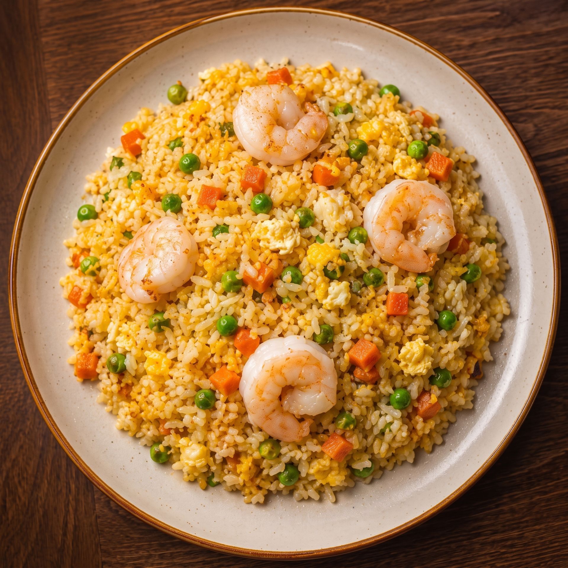 Shrimp fried rice with peas and diced carrots on a white plate