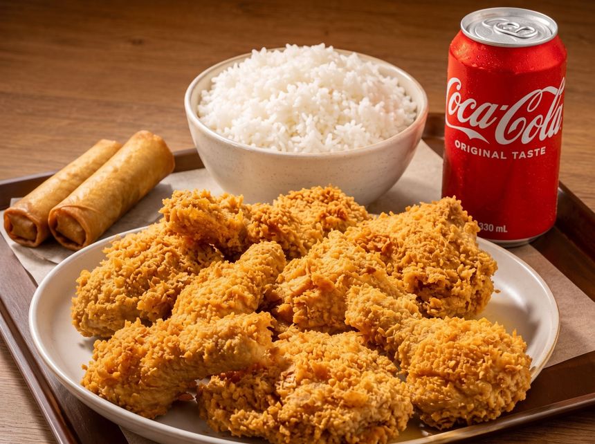 Plate of fried chicken with rice, spring rolls, and a Coca-Cola can on a table