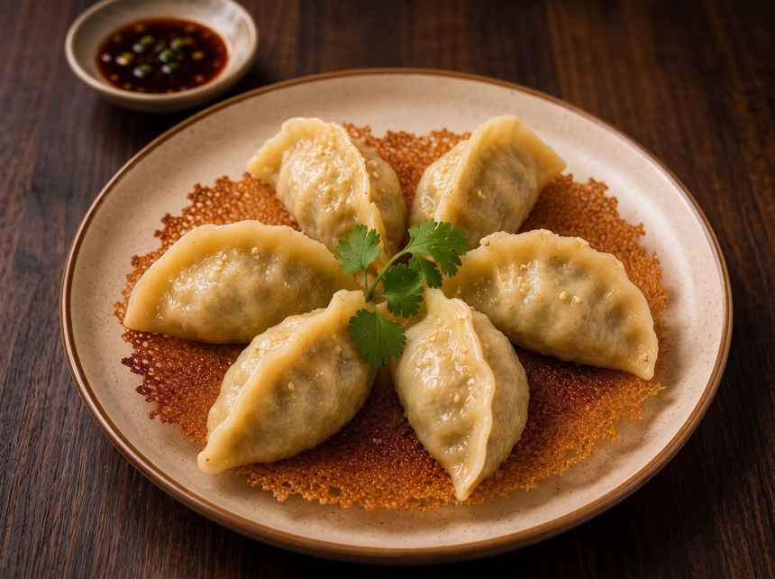 Five dumplings on a plate with dipping sauce and herbs on a wooden table